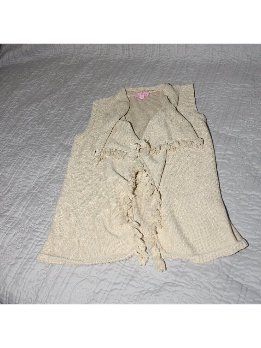 Lilly Pulitzer Girls Mini Abbott Cream Gold Sweater Vest Tassels Size L 8/10